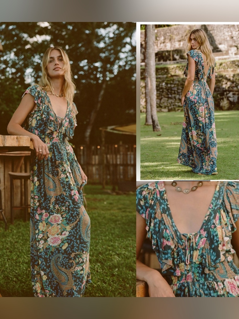 O'NEILL Rose Floral Paisley NOLEE Plunge Open Back Maxi  Boho Dress MEDIUM - Picture 4 of 16